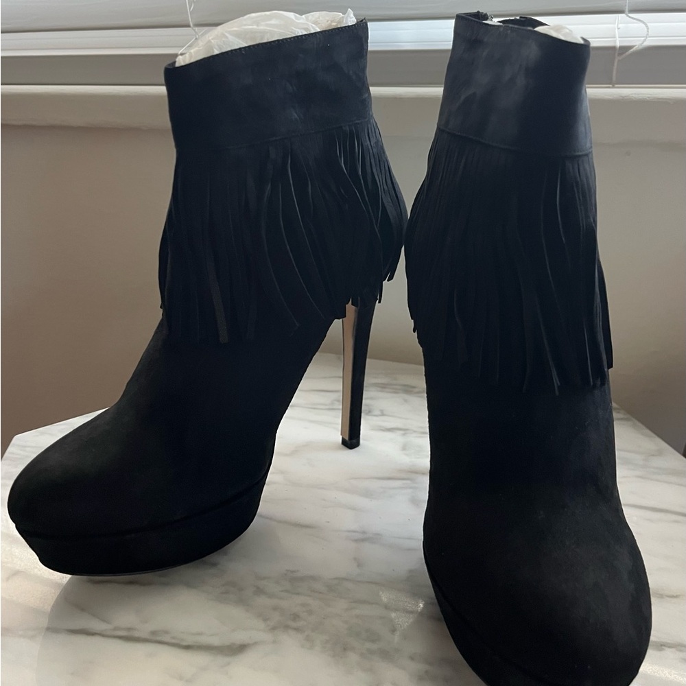 Black Suede Fringe Heel Ankle Boots
